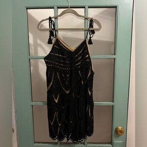 Free People Black Lace Crochet Tassle Tie Dress, Size Medium